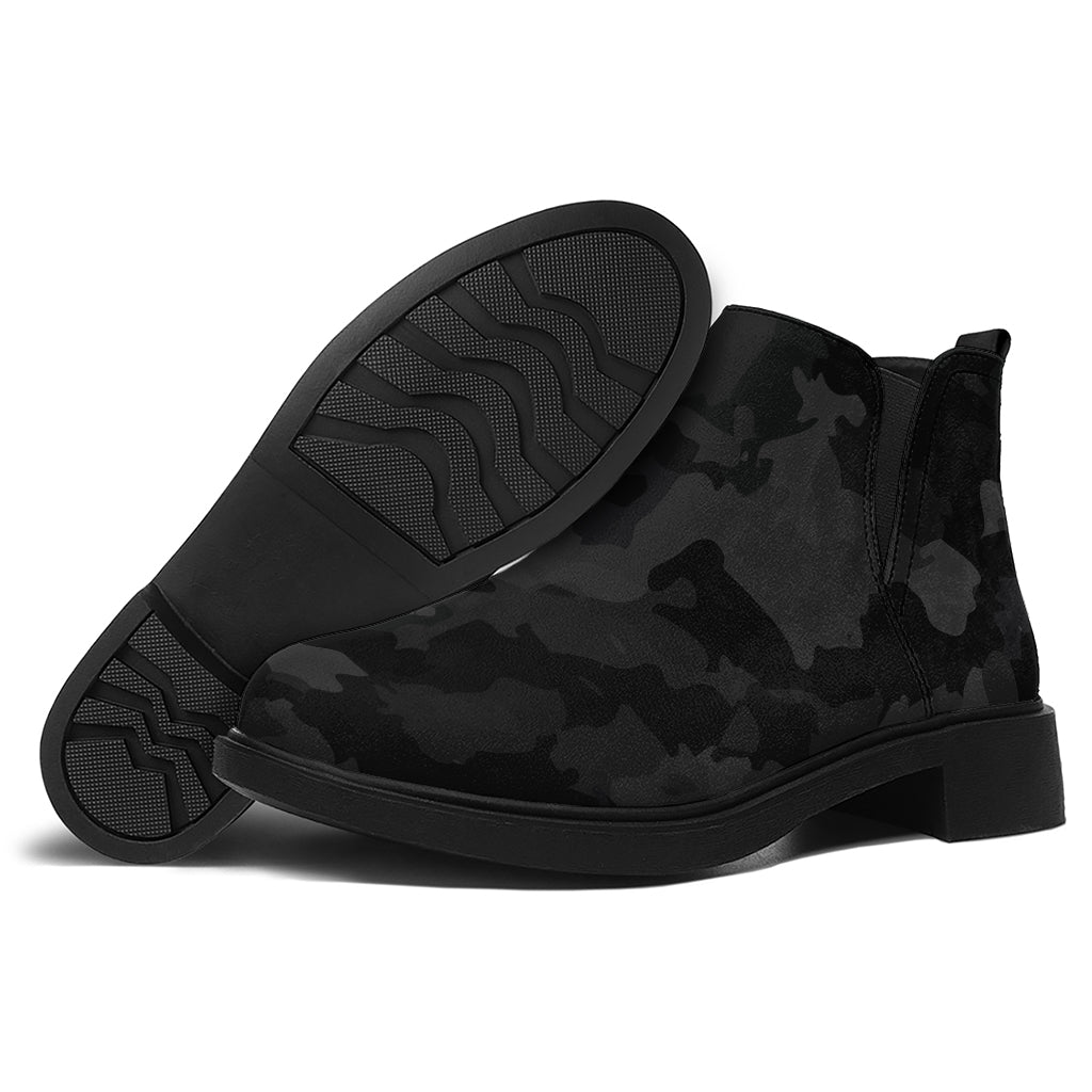 Black Camouflage Print Flat Ankle Boots