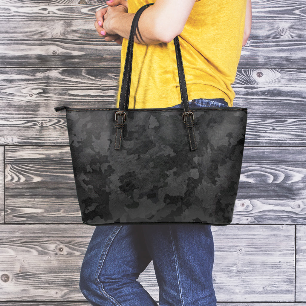 Black Camouflage Print Leather Tote Bag