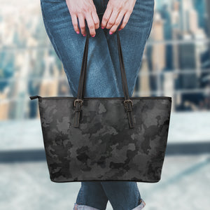 Black Camouflage Print Leather Tote Bag