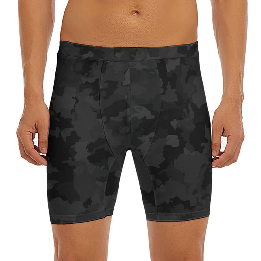 Black Camouflage Print Men's Long Boxer Briefs