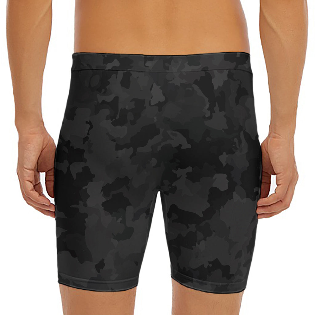 Black Camouflage Print Men's Long Boxer Briefs