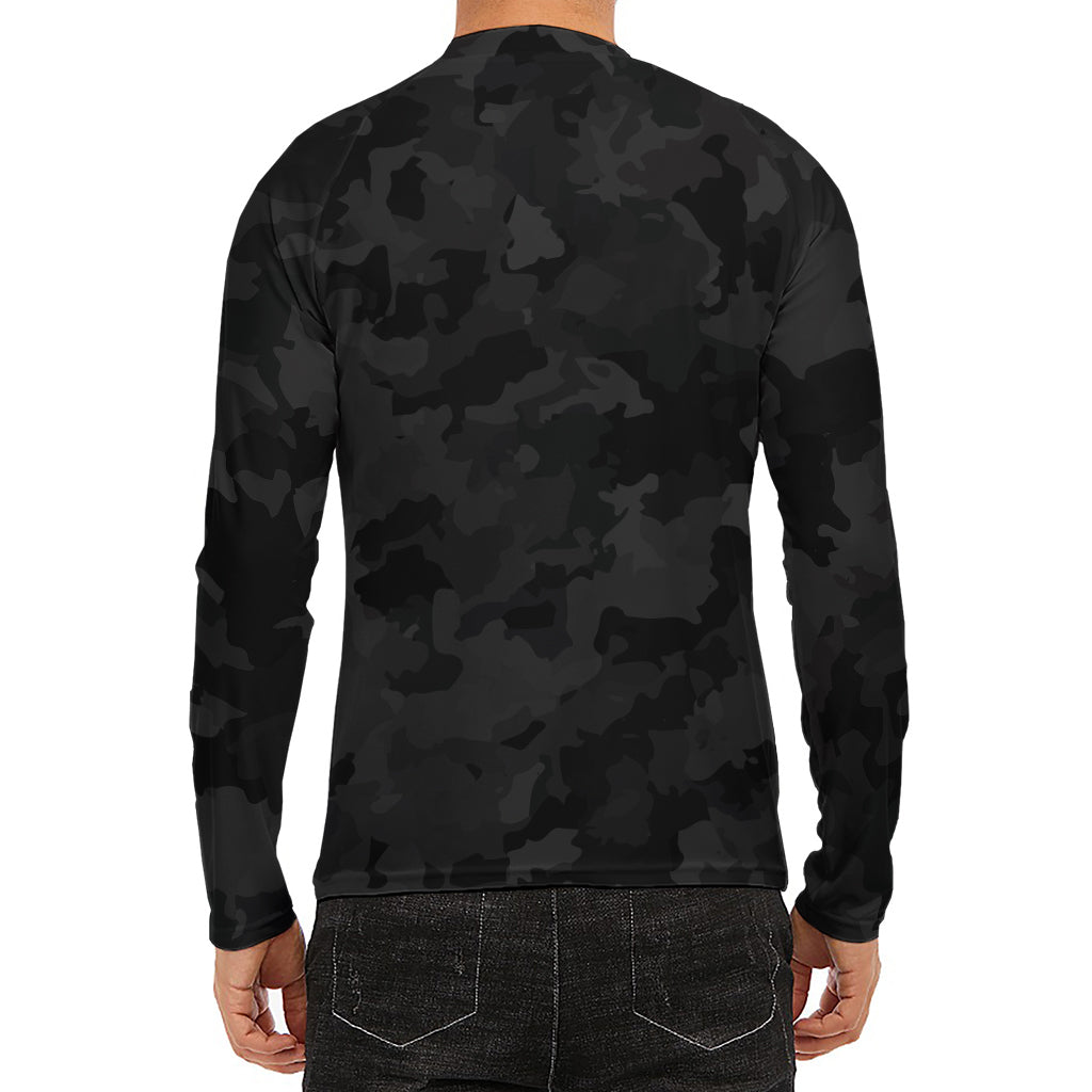 Black Camouflage Print Men's Long Sleeve Rash Guard