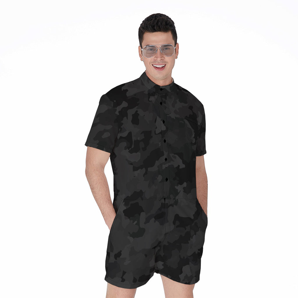 Black Camouflage Print Men's Rompers