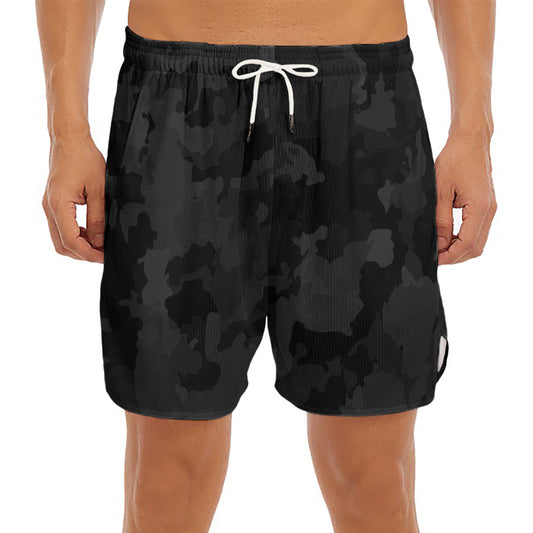 Black Camouflage Print Men's Split Running Shorts