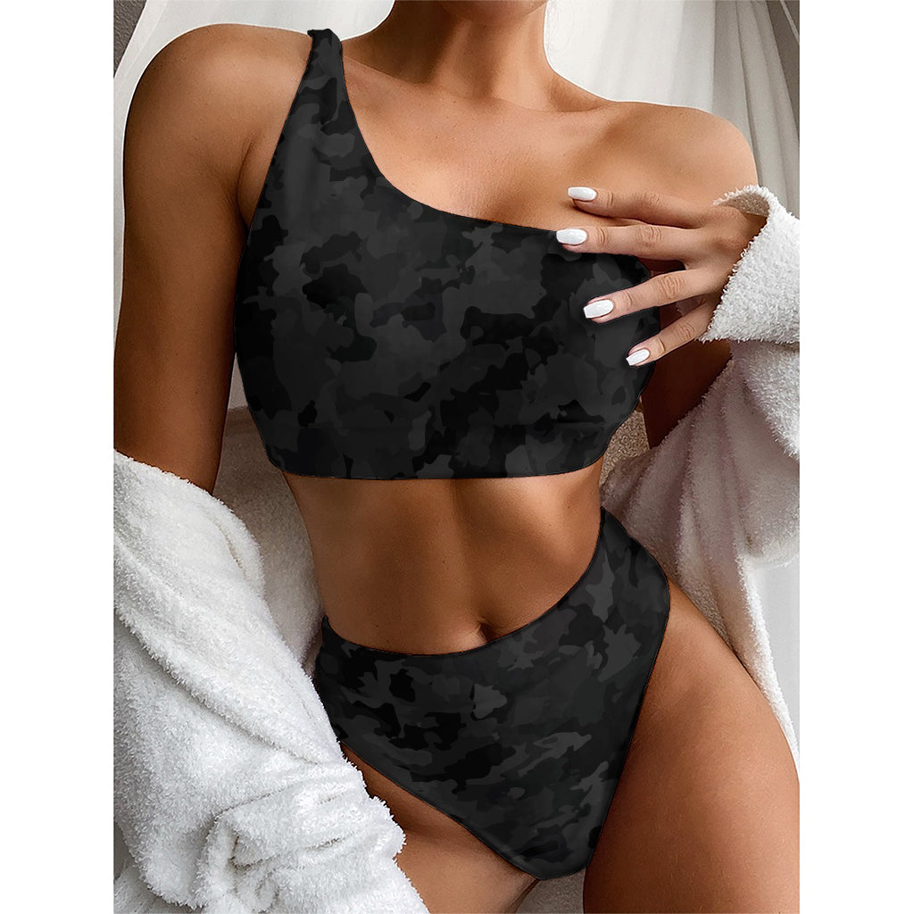 Black Camouflage Print One Shoulder Bikini Top