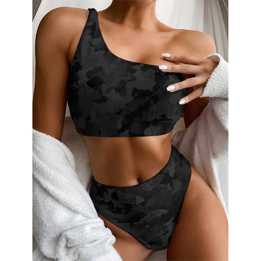 Black Camouflage Print One Shoulder Bikini Top