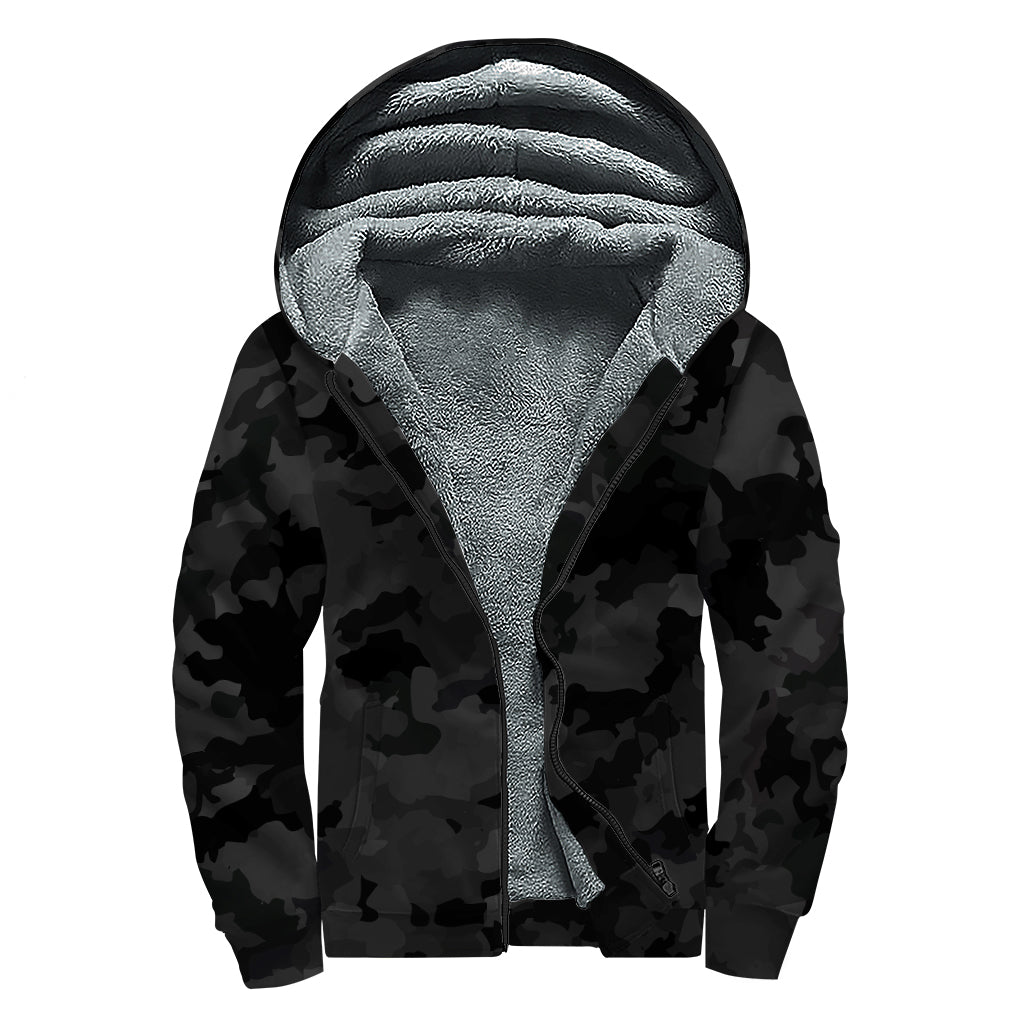 Black Camouflage Print Sherpa Lined Zip Up Hoodie
