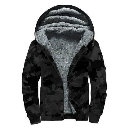 Black Camouflage Print Sherpa Lined Zip Up Hoodie