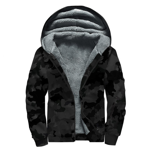 Black Camouflage Print Sherpa Lined Zip Up Hoodie