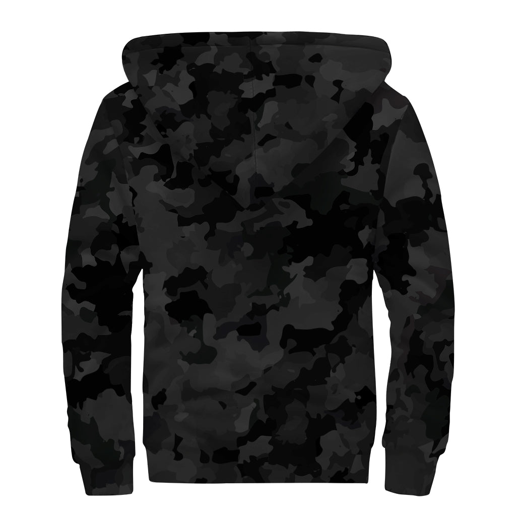 Black Camouflage Print Sherpa Lined Zip Up Hoodie