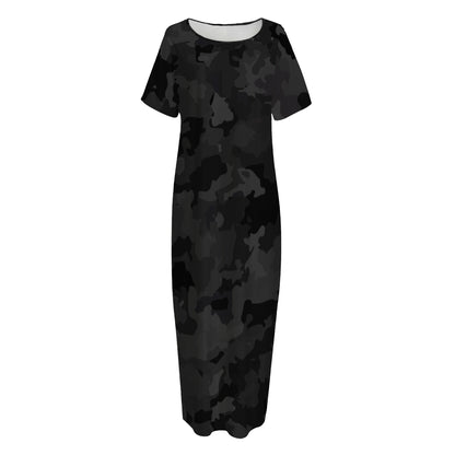 Black Camouflage Print Short Sleeve Long Nightdress