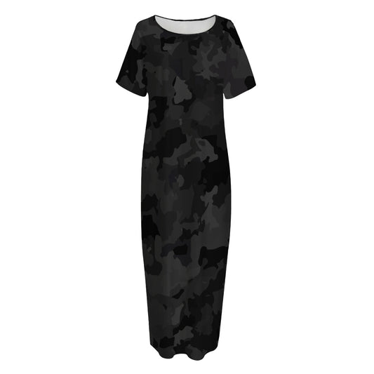 Black Camouflage Print Short Sleeve Long Nightdress