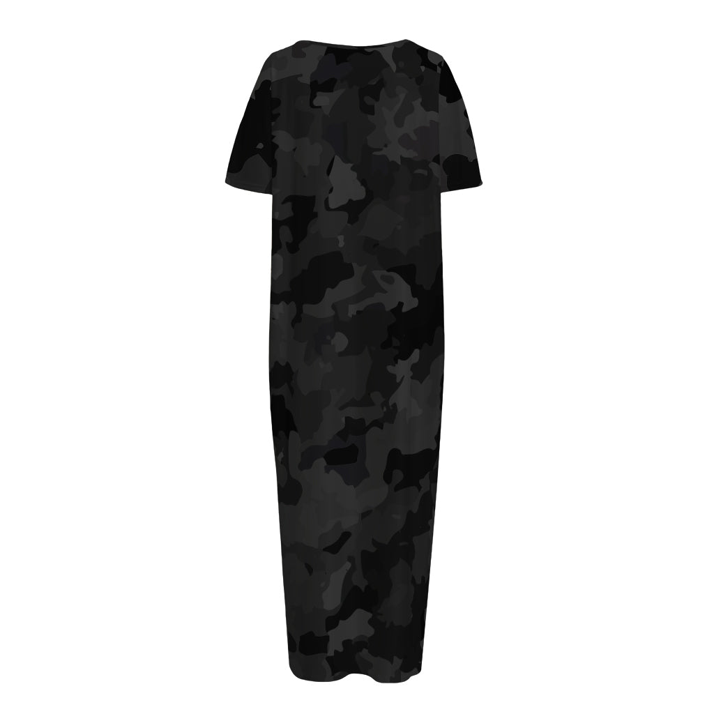 Black Camouflage Print Short Sleeve Long Nightdress