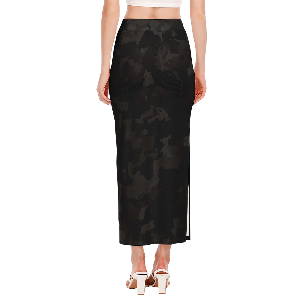 Black Camouflage Print Side Slit Maxi Skirt