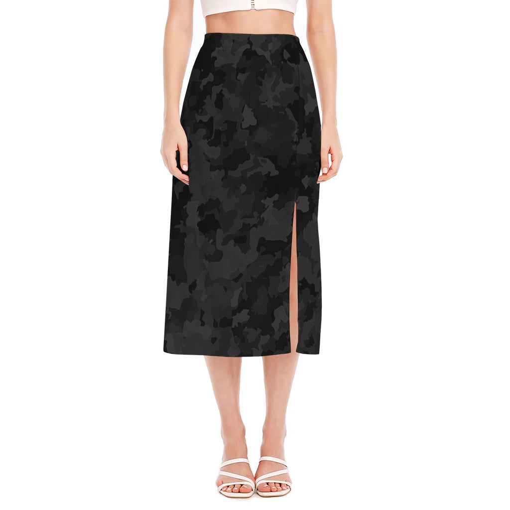 Black Camouflage Print Side Slit Midi Skirt