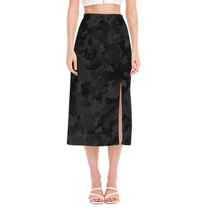 Black Camouflage Print Side Slit Midi Skirt