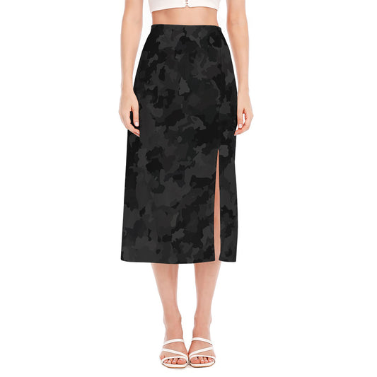 Black Camouflage Print Side Slit Midi Skirt