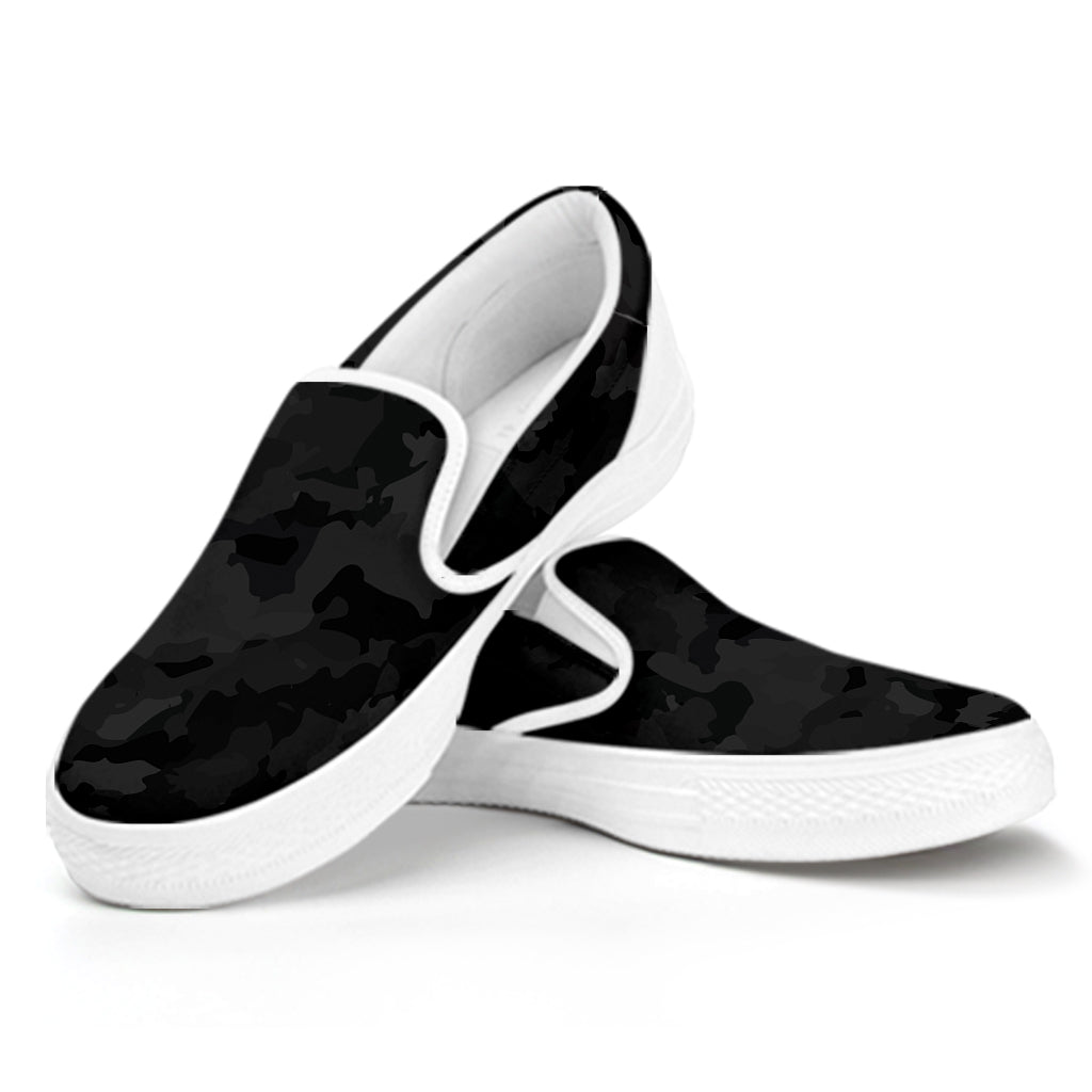 Black Camouflage Print White Slip On Sneakers