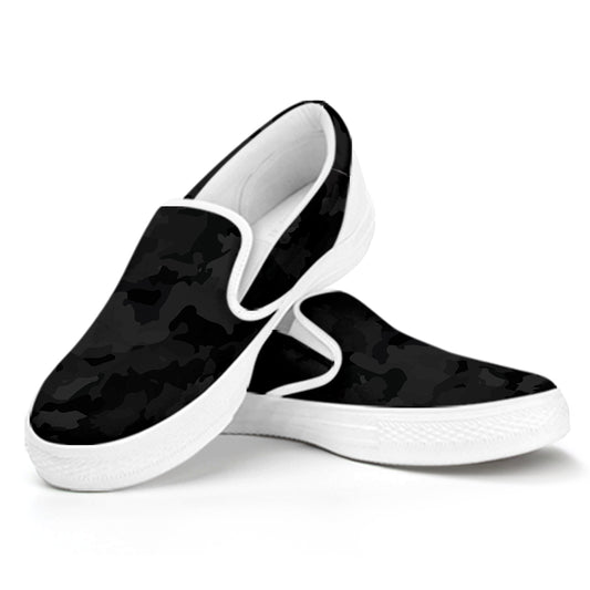 Black Camouflage Print White Slip On Sneakers
