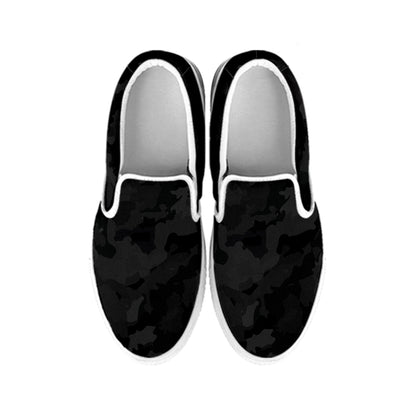 Black Camouflage Print White Slip On Sneakers
