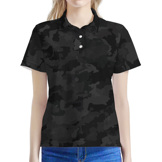 Black Camouflage Print Women's Polo Shirt