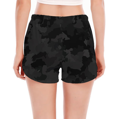 Black Camouflage Print Women's Split Running Shorts