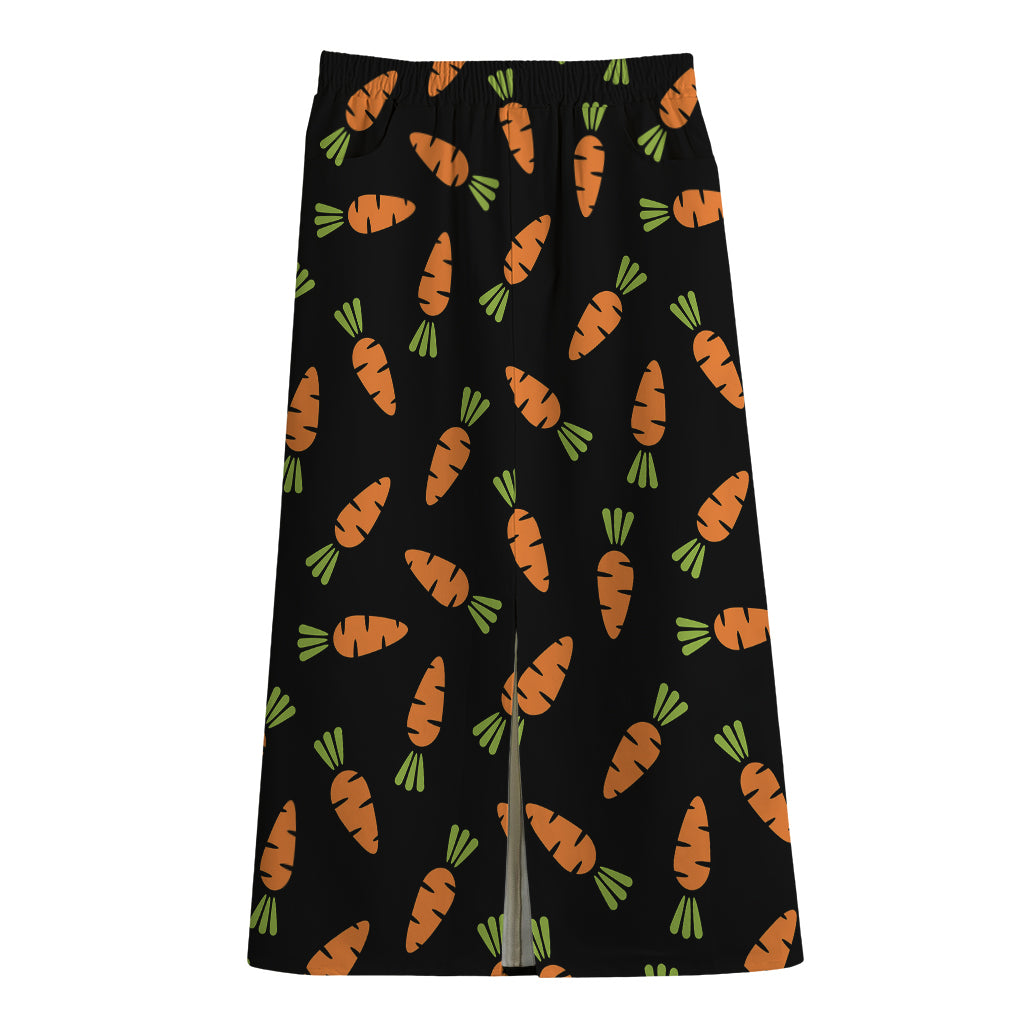 Black Carrot Pattern Print Cotton Front Slit Maxi Skirt