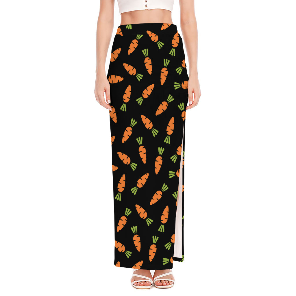 Black Carrot Pattern Print High Slit Maxi Skirt