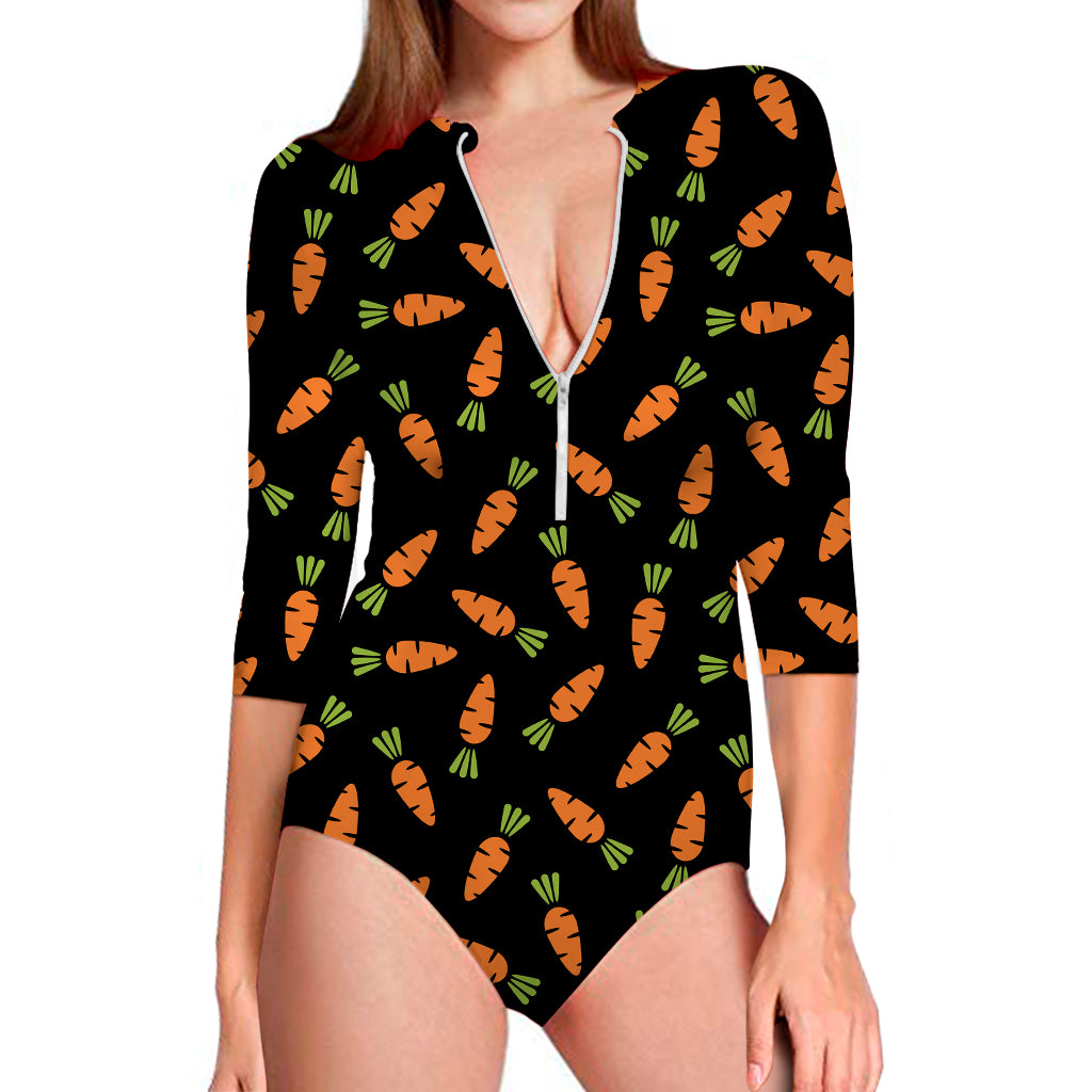 Black Carrot Pattern Print Long Sleeve Swimsuit