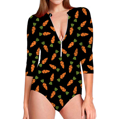 Black Carrot Pattern Print Long Sleeve Swimsuit