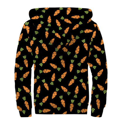 Black Carrot Pattern Print Sherpa Lined Zip Up Hoodie