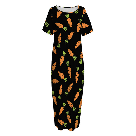 Black Carrot Pattern Print Short Sleeve Long Nightdress