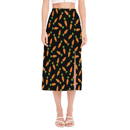 Black Carrot Pattern Print Side Slit Midi Skirt
