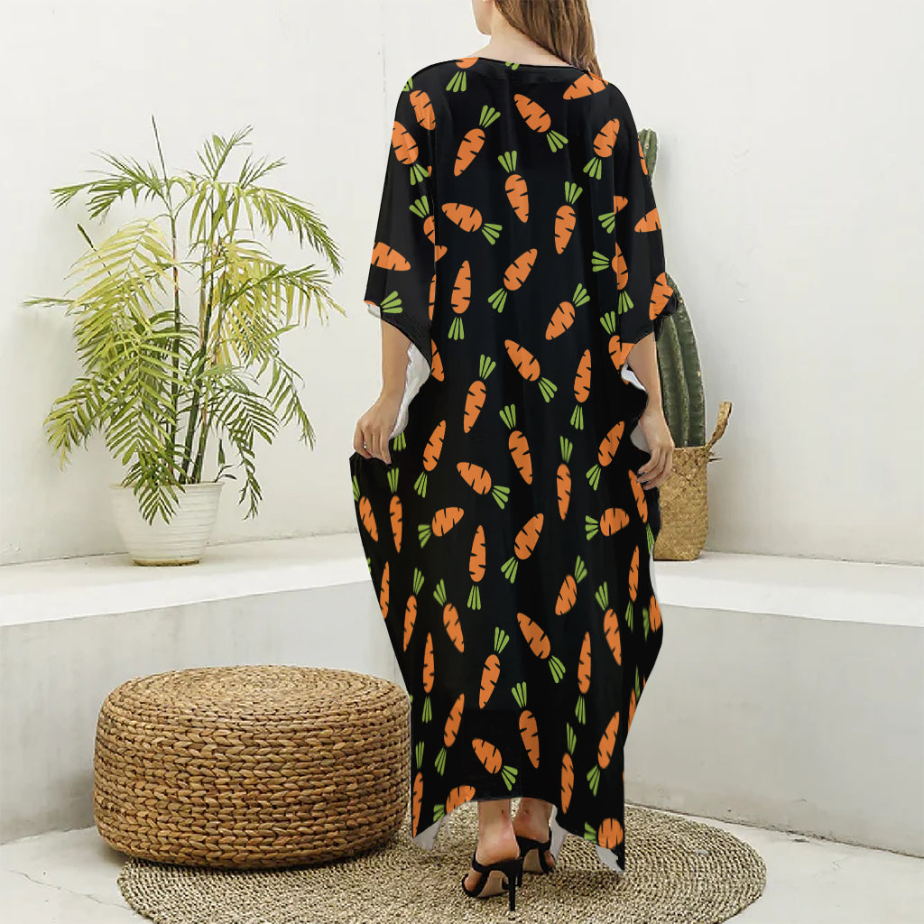 Black Carrot Pattern Print Silk V-Neck Kaftan Dress