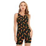 Black Carrot Pattern Print Sleeveless One Piece Swimsuit