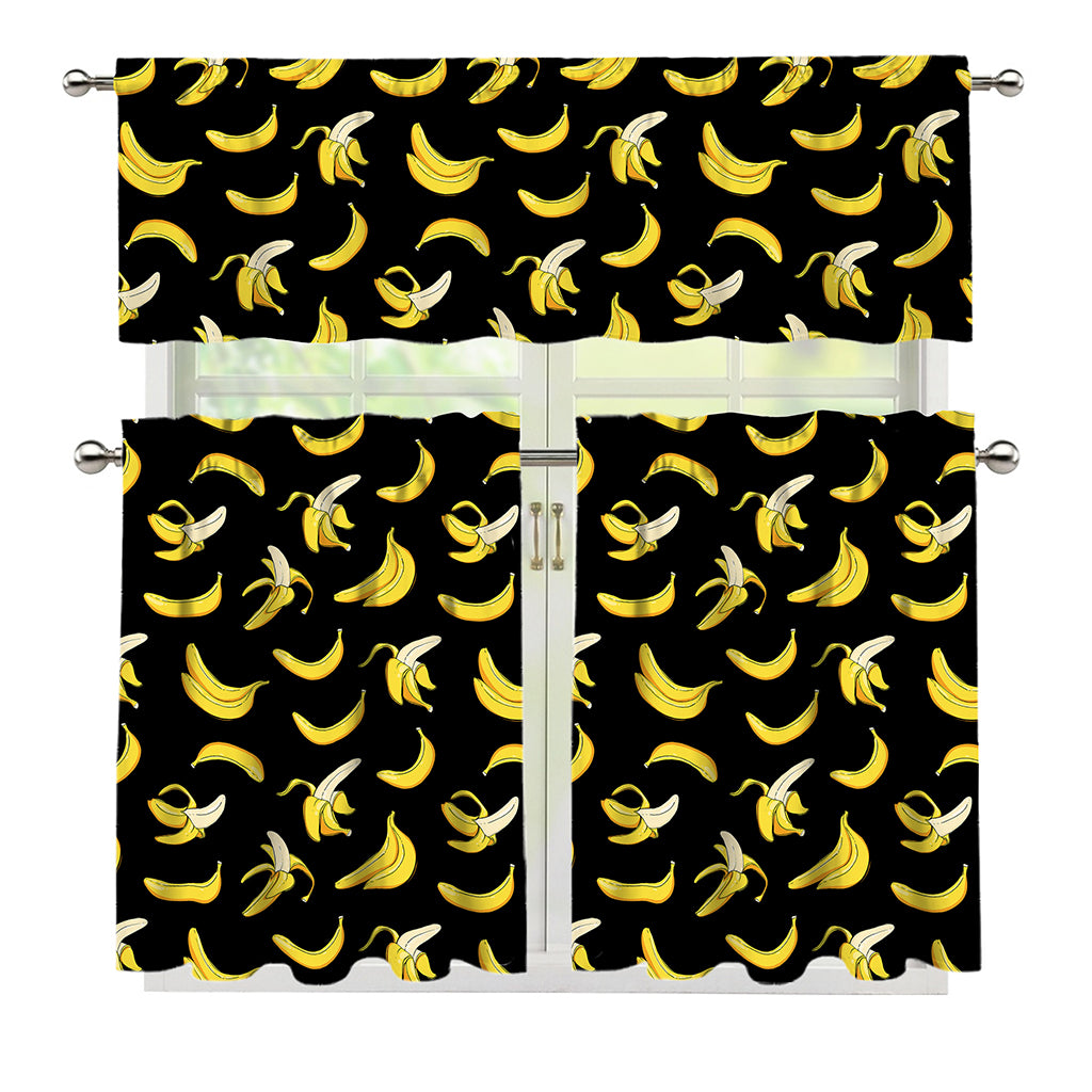Black Cartoon Banana Pattern Print 3 Piece Kitchen Curtains