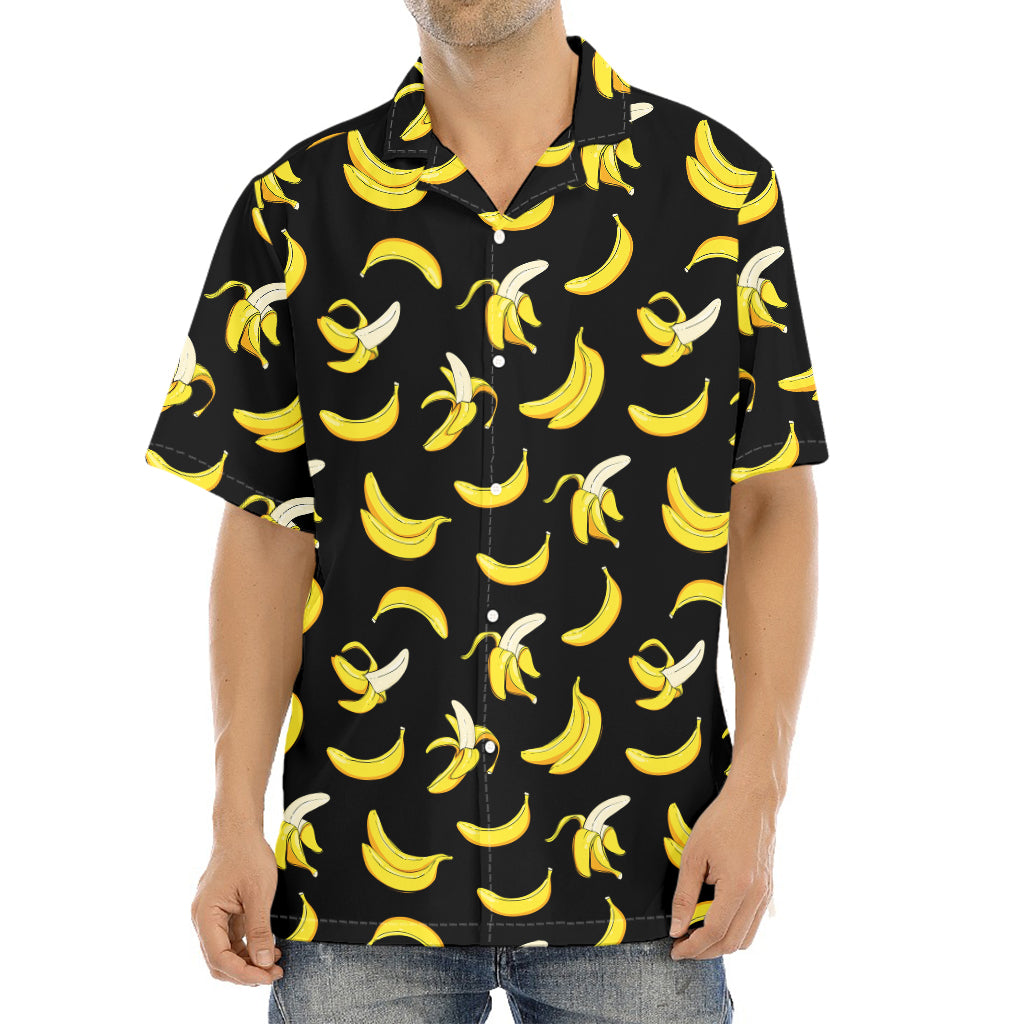 Black Cartoon Banana Pattern Print Aloha Shirt