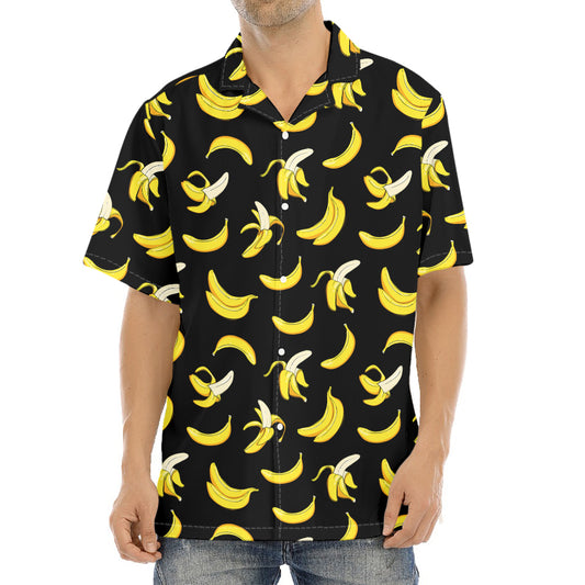 Black Cartoon Banana Pattern Print Aloha Shirt