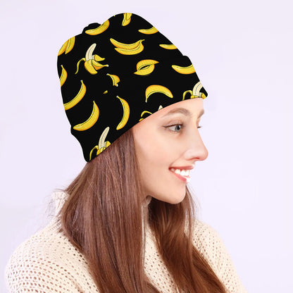 Black Cartoon Banana Pattern Print Beanie