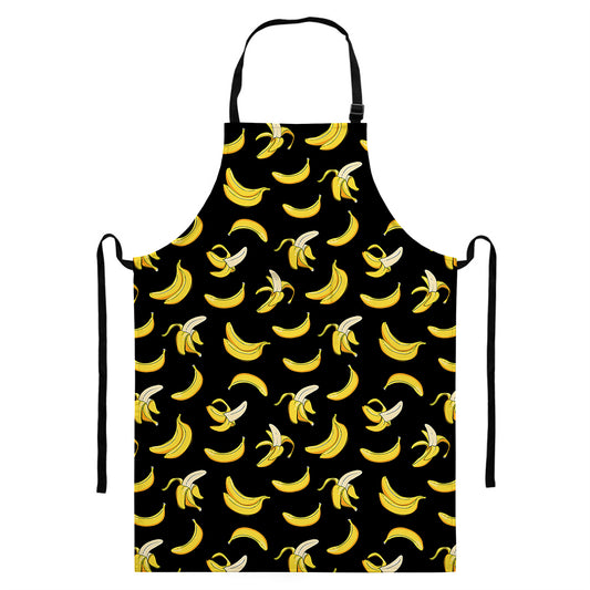 Black Cartoon Banana Pattern Print Bib Apron With Pocket