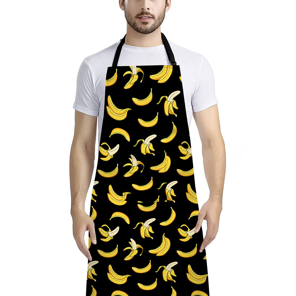 Black Cartoon Banana Pattern Print Bib Apron With Pocket
