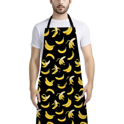 Black Cartoon Banana Pattern Print Bib Apron With Pocket