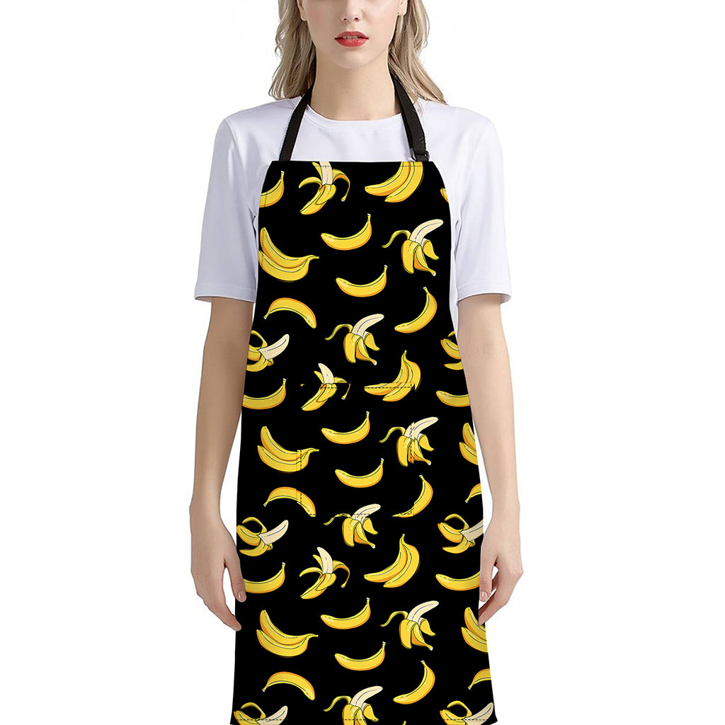 Black Cartoon Banana Pattern Print Bib Apron With Pocket