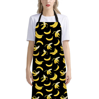 Black Cartoon Banana Pattern Print Bib Apron With Pocket