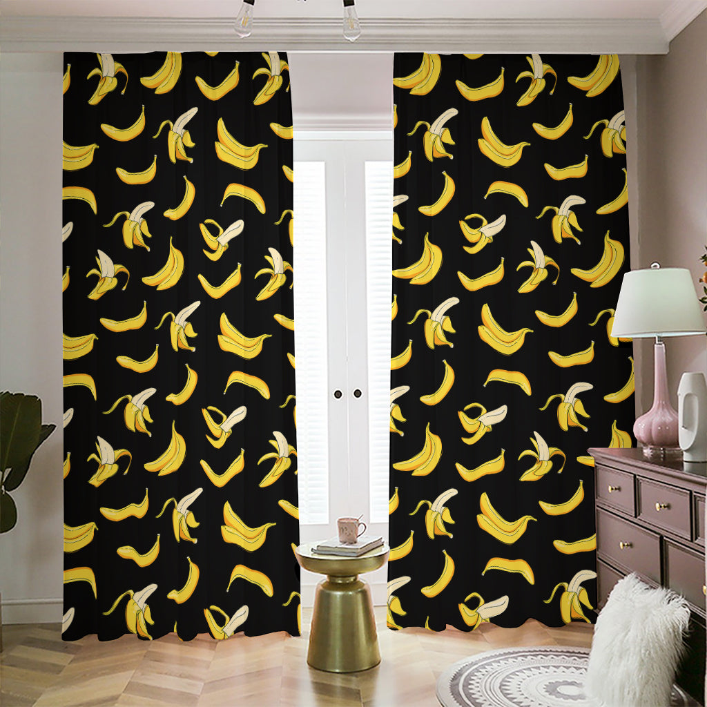 Black Cartoon Banana Pattern Print Blackout Pencil Pleat Curtains