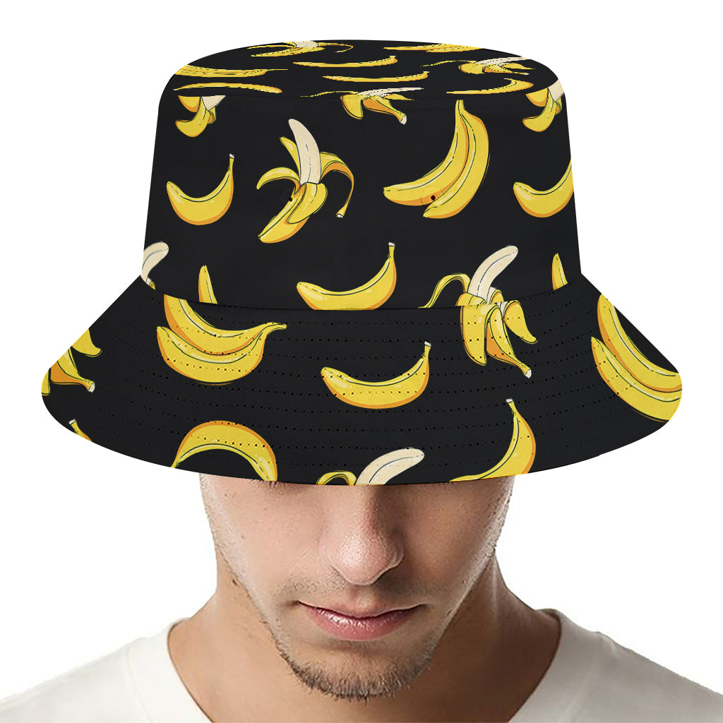 Black Cartoon Banana Pattern Print Bucket Hat