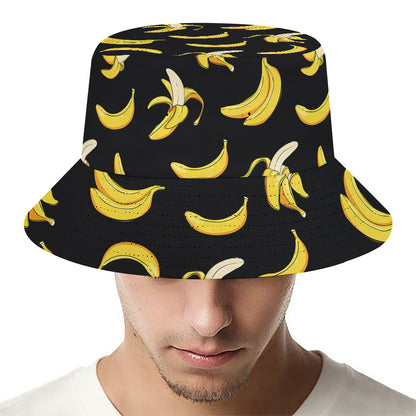 Black Cartoon Banana Pattern Print Bucket Hat