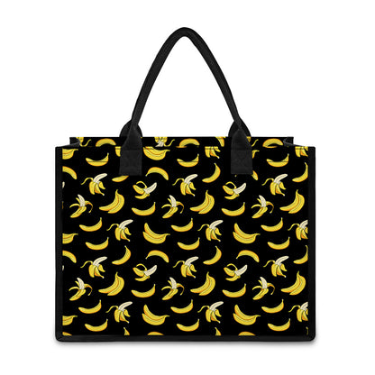 Black Cartoon Banana Pattern Print Canvas Tote Bag