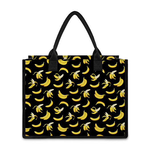 Black Cartoon Banana Pattern Print Canvas Tote Bag