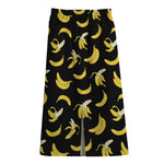 Black Cartoon Banana Pattern Print Cotton Front Slit Maxi Skirt